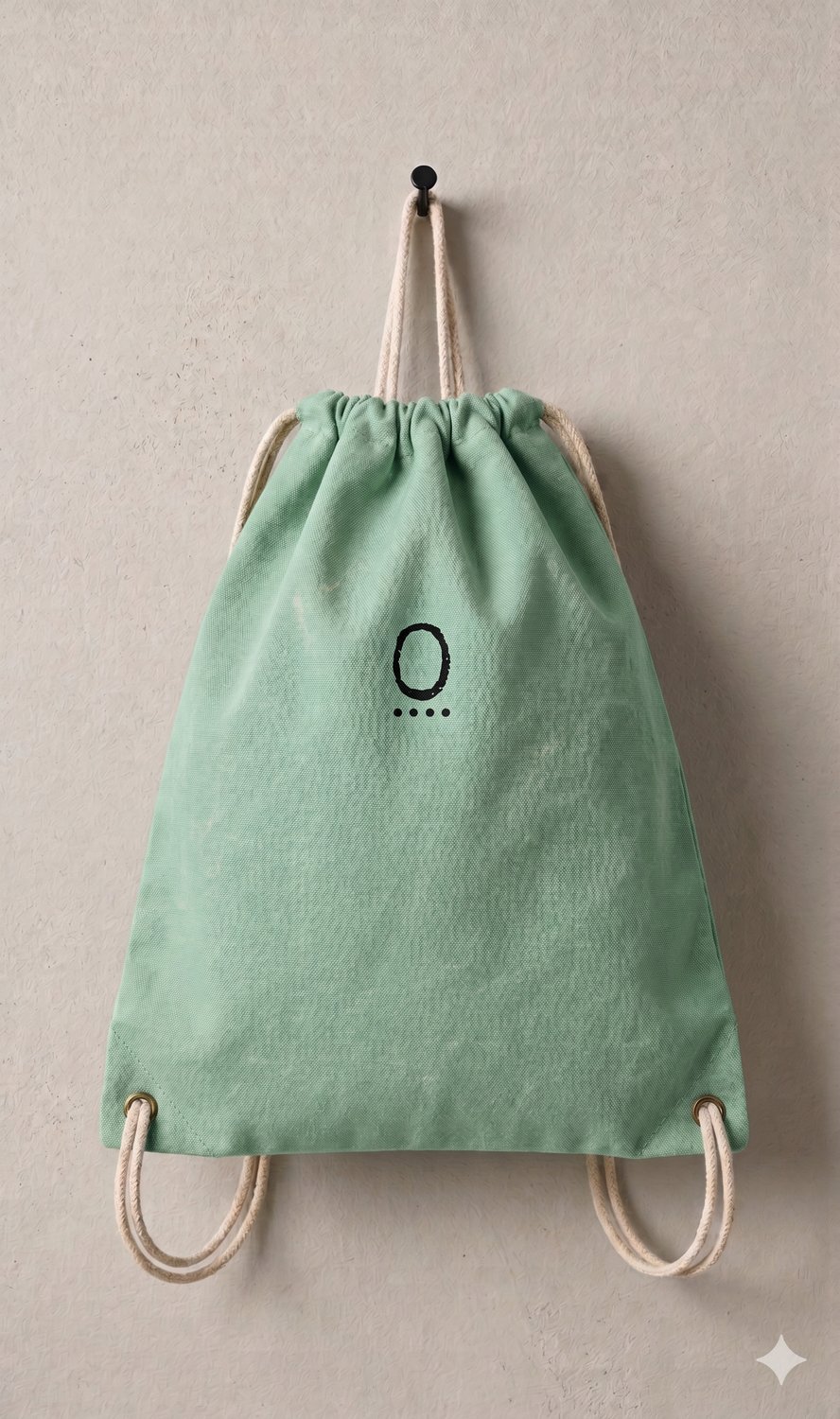 TYP0stet waxed cotton canvas drawstring knapsack in mint, front 0 monogram in ink black