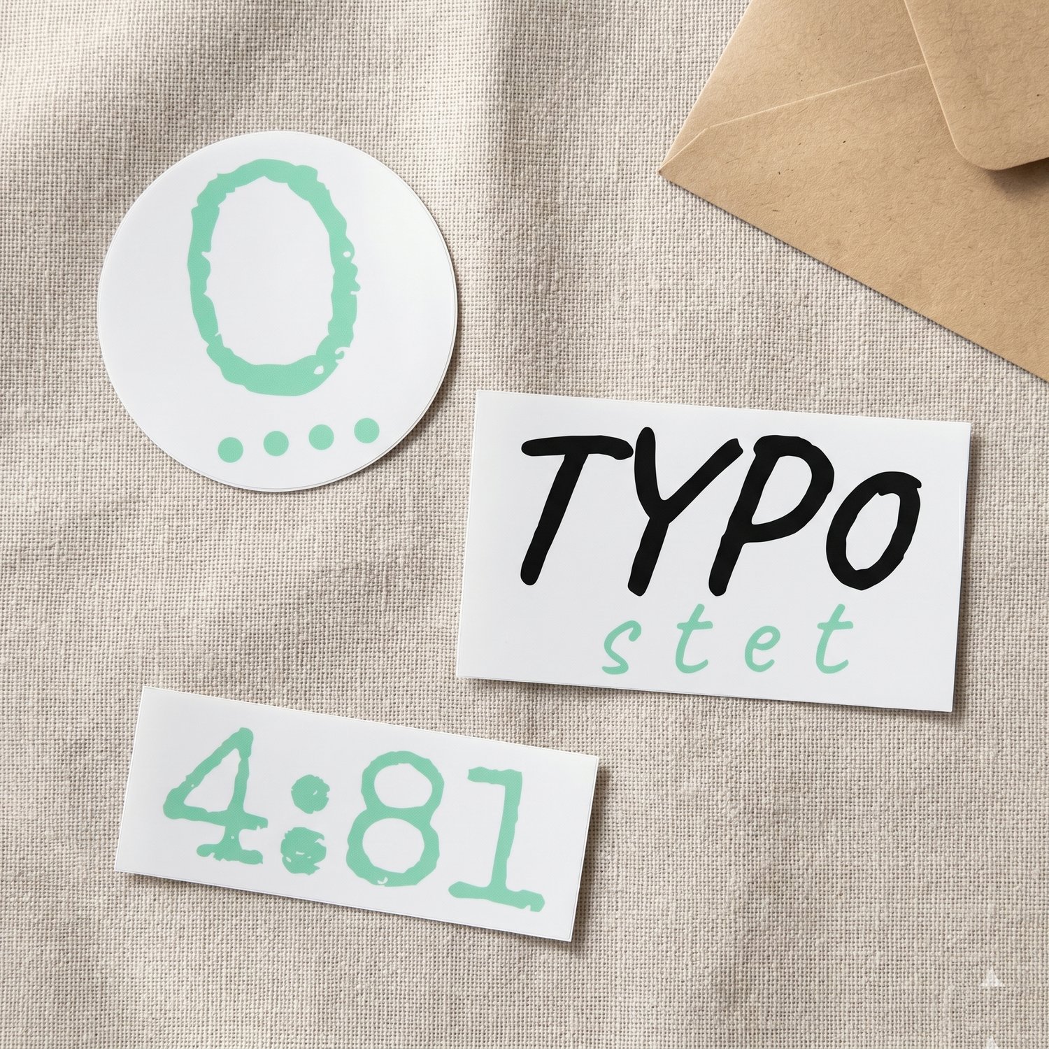 TYP0stet 3-piece sticker pack: 0 monogram, TYP0stet wordmark, 4:81 hand-drawn marker
